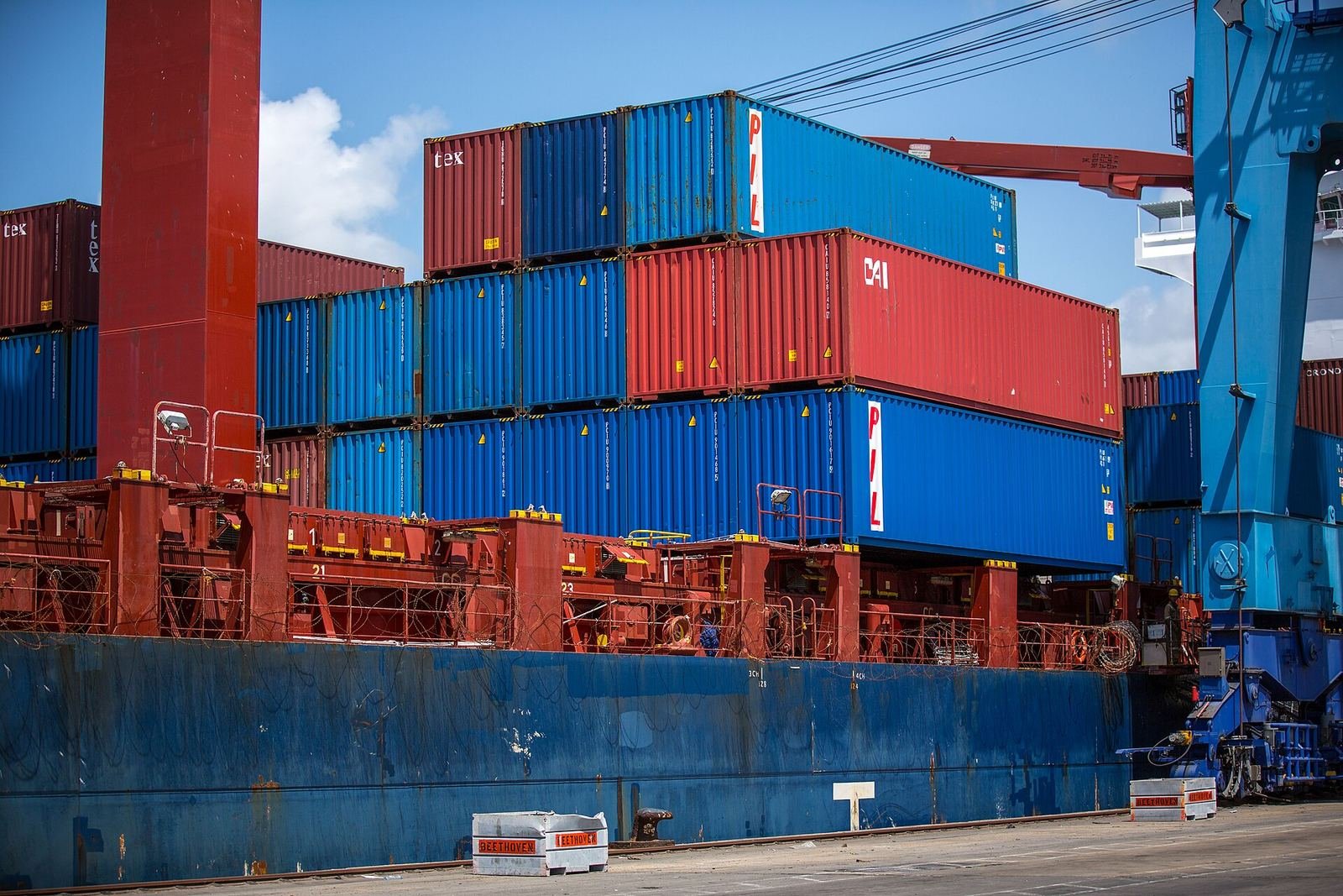 Container ship loaded with containers alongside a quay at the Port of Mombasa
